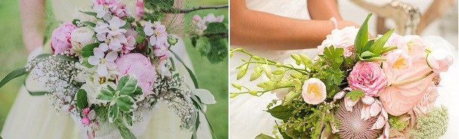 Cascade Bouquets // Kirsty-Lyn Jameson photography & Vintage Violet Floral Boutique (left) // Adene photography & Anli Wahl Florist (Right) // via www.confettidaydreams.com