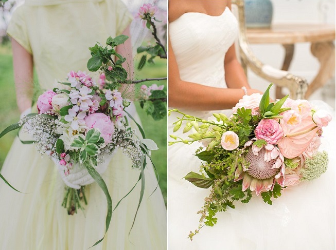 Cascade Bouquets // Kirsty-Lyn Jameson photography & Vintage Violet Floral Boutique (left) // Adene photography & Anli Wahl Florist (Right) // via www.confettidaydreams.com