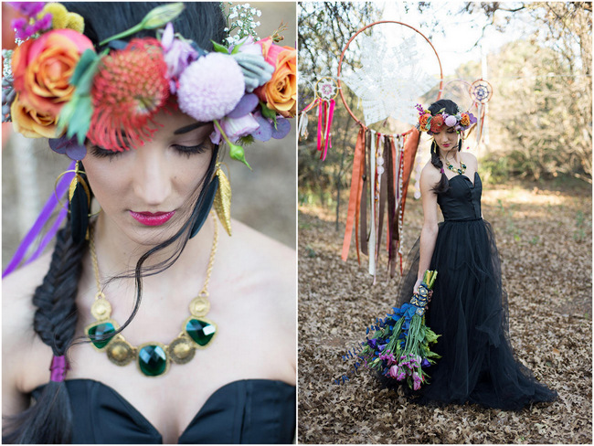 Flower Crown and Bouquet // Purple Orange and Yellow Gypsy Wedding Ideas // Memory Box Photography