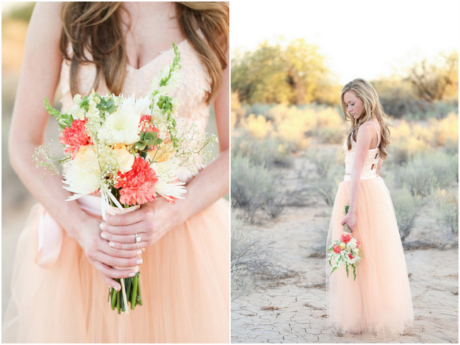 Handmade Peach Garden Weddding Bouquet and handmade Tulle Dress