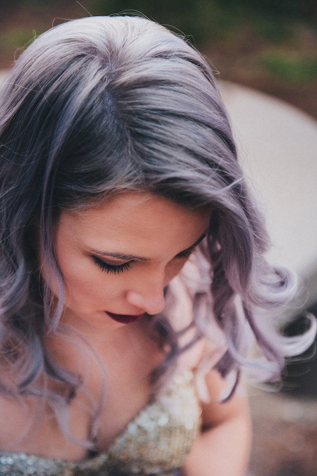 Alternative Bride in Gold + Purple Wedding Dress Rocking Lilac Hair