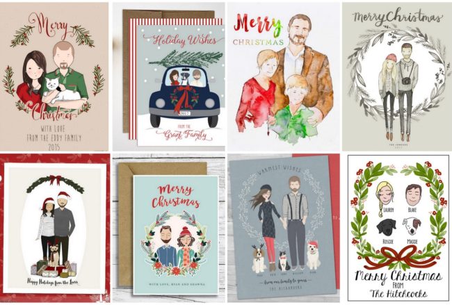 12 Custom Illustrated Portrait Christmas Cards With Your Faces!