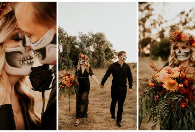 Halloween Fall Engagement Couple with Painted Skull Masks