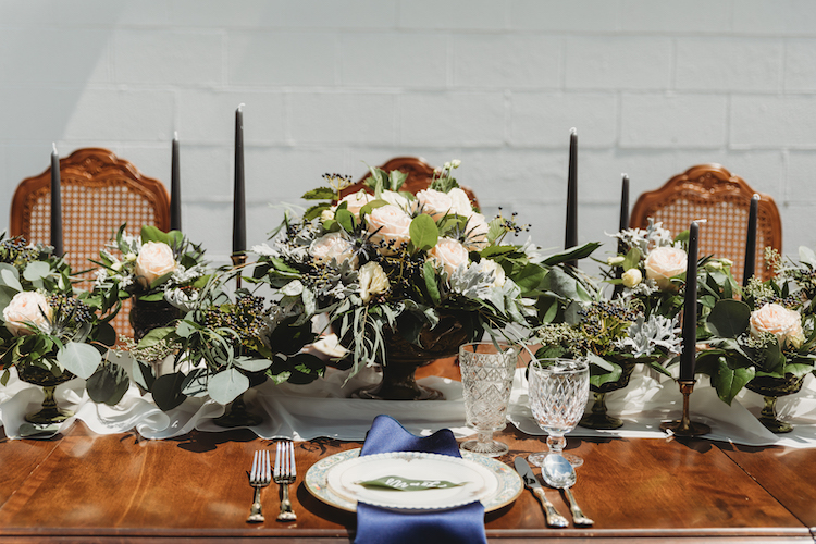 Sustainable Wedding in Navy Gold Greenery