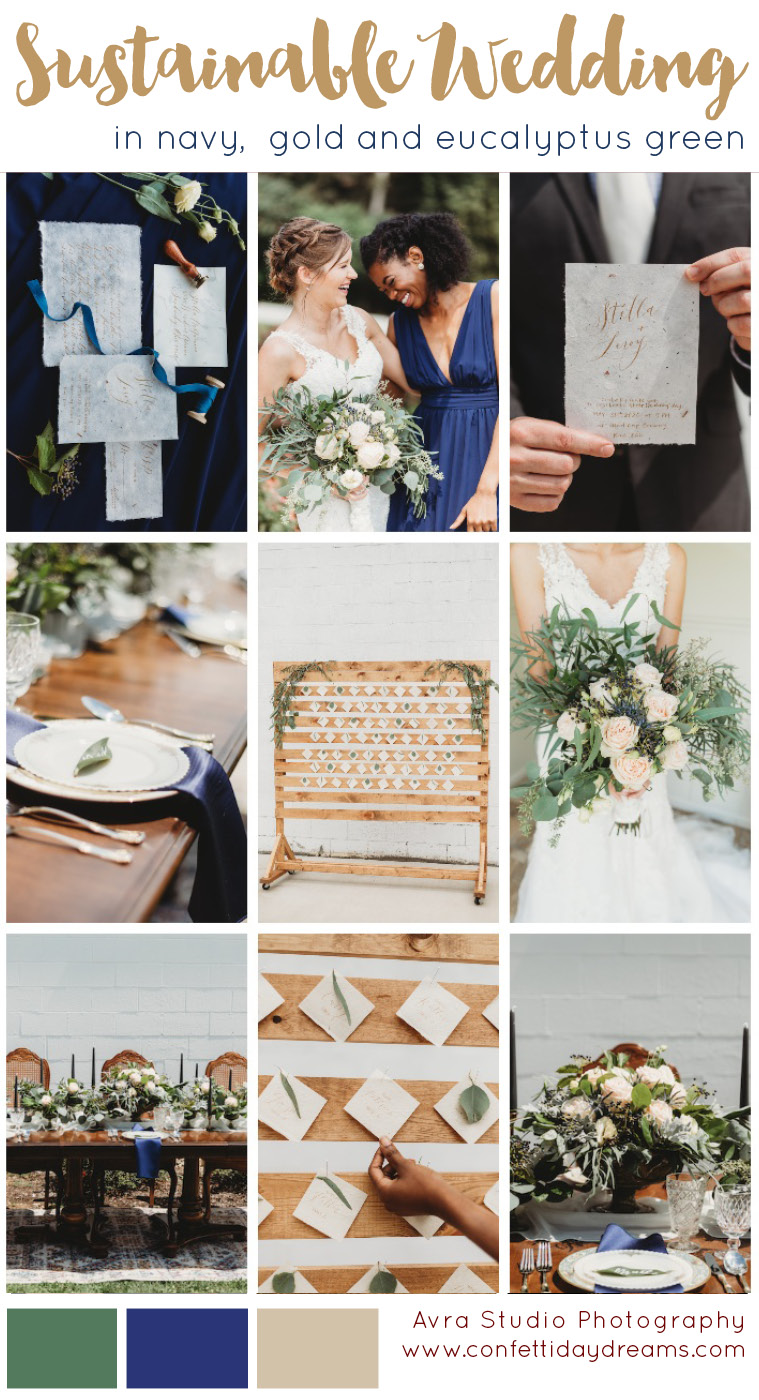 Sustainable Wedding in Navy Gold Greenery